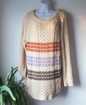 L.L. Signature Womens Chunky Knit Cream Stripped Tunic Size Large Preppy Cozy
